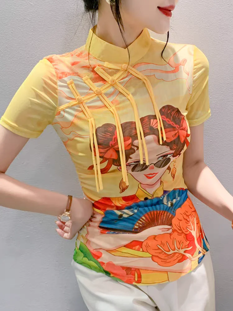 

-3XL Printed Light Fabric T-shirt Women Stand Collar Short Sleeve Double-Layer Mesh Tees Female Summer Tops