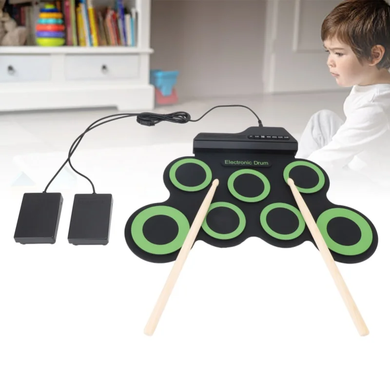 وسادة الطبل الإلكترونية مع 7 وسادات للتدريب، مقبس سماعة الرأس، طبلة قابلة للطي من السيليكون مع دواسة