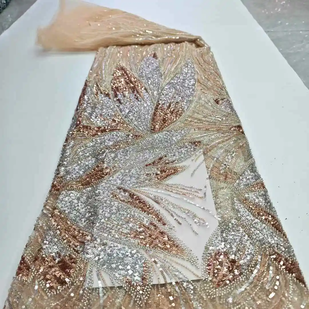 

Luxurious Nigerian African Beaded Lace Fabric High Quality Sequins Embroidery African French Lace Fabric For Sewing Dress.