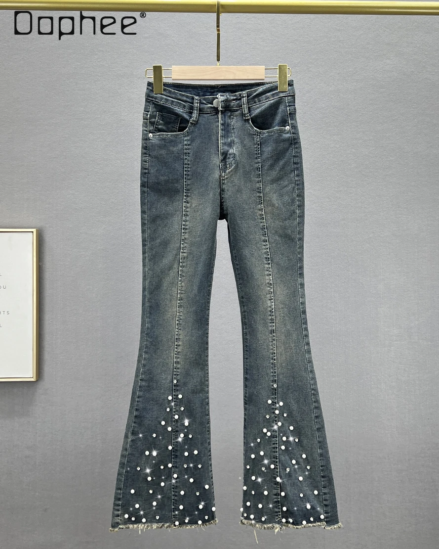 

Woman Beaded Denim Bell-Bottom Denim Pants 2024 Spring New Women's Fashion High Waist Slim-Fit Diamond-Embedded Frayed Trousers