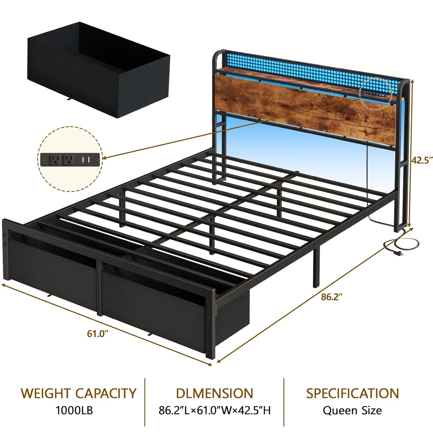 new Queen Storage Bed Frame with Headboard 2 Drawers USB Charging LED Lights No Box Spring Quiet Assembly 1000lbs, Customized