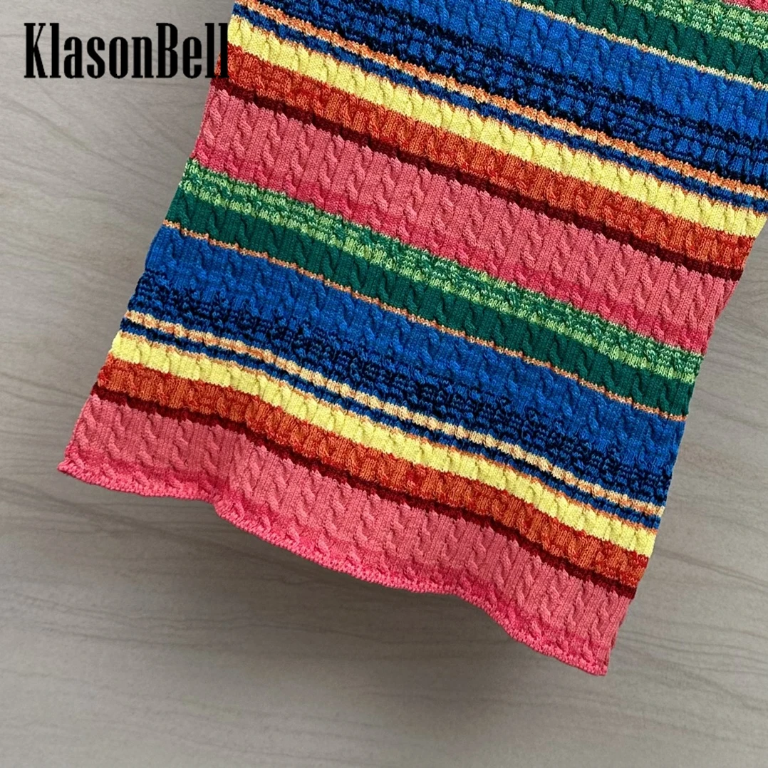 5.8 KlasonBell Letter Contrast Color Rainbow Spaghetti Strap Camis Twist Jacquard Stretch Knit Slim Classic Versatile Tank Top