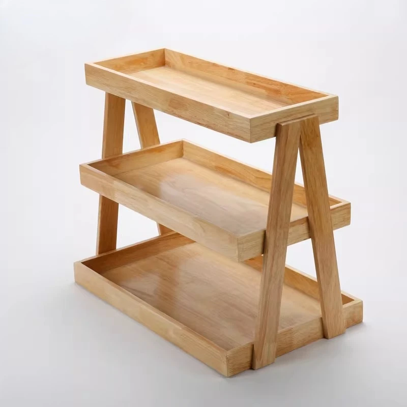 Bakery Display Stand 3-Tier, Rubberwood Pastry Showcase for Bread and Cake, Decorative Island Counter with Soft Furnishing