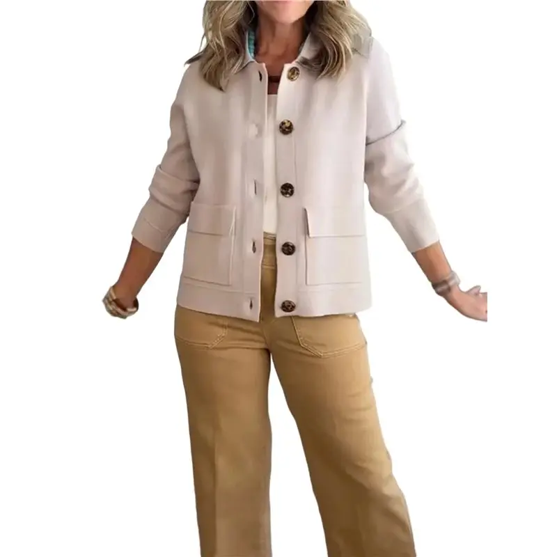 

CYL-Sweater Cardigan Women Fall Winter Cropped Button Down Long Sleeve Casual Cardigan Sweater Jacket Apricot Color XXL