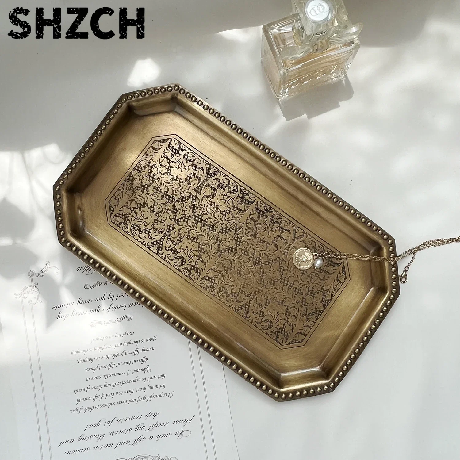 Imported Brass French Retro Tray Brass Storage PlateAromatherapy Organizer PalaceVintage Carved Decorative Serving Plate