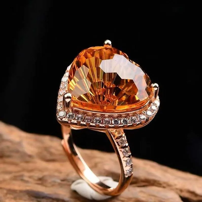 Natural Citrine Millennium Cut Heart Ring, Diamond Cut 925 Silver Adjustable, Vibrant Crystal Jewelry Gift for Women