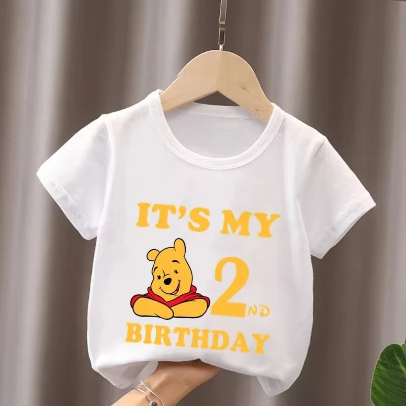 2026 Winnie The Pooh Birthday Themed Printed Children's T-shirt Summer Pure Cotton Breathable Parent-child Outfit Short Sleeved