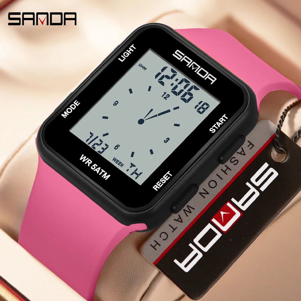 SANDA Unisex LED Digital Sports Wristwatch 5Bar Waterproof Luminous Multifunction Chronograph Electronic Watch for Men Women