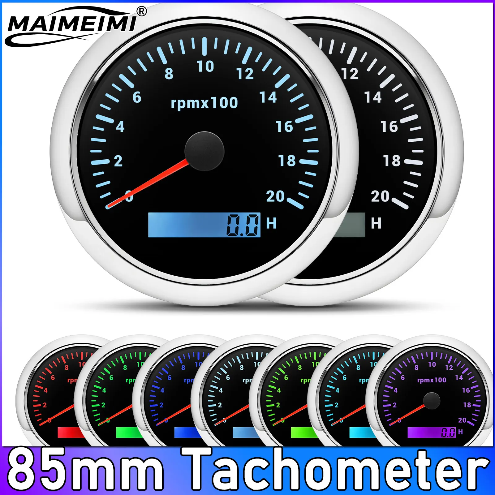 

85mm Tacho Meter with LCD Hourmeter 2000 RPM Meter 2K Tachometer 12V/24V with 7 Colors Backlight for Car Marine Boat