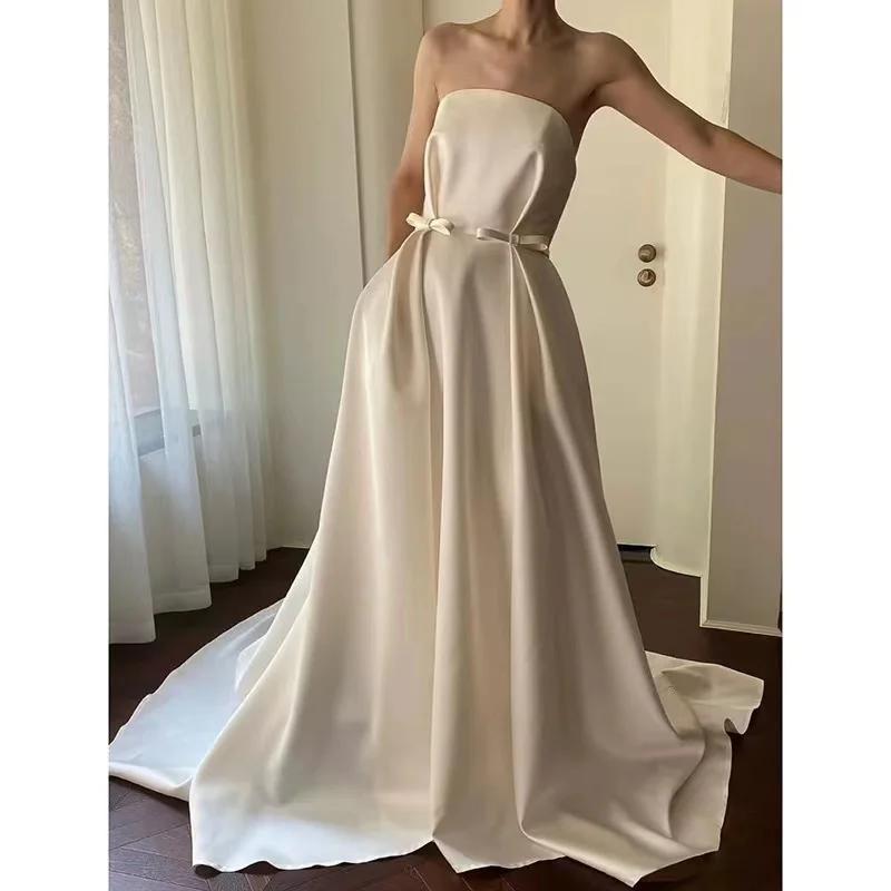 

Simple Strapless French Wedding Dress Sleeveless Bow For Women Photoshoot Bridal Gown Soft Satin Floor-length Evening Dresses ﻿