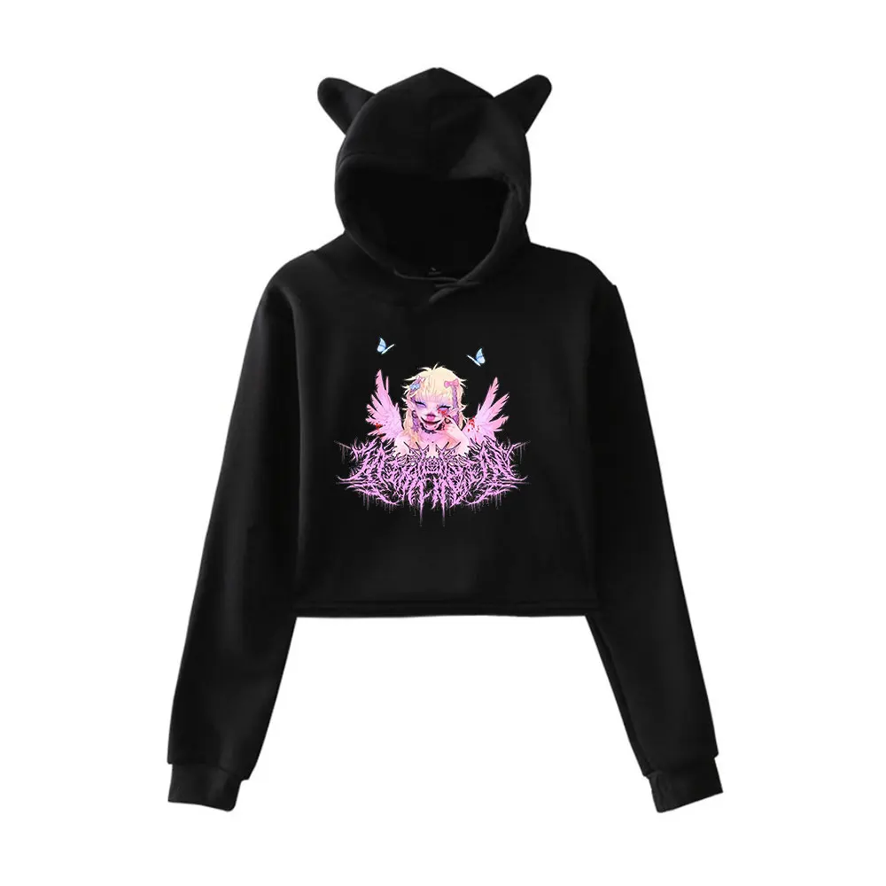 Jazmin Bean Cat Ear Hoodie Women Long Sleeve Cropped Sweatshirts Female Casual Streetwear Crop Tops