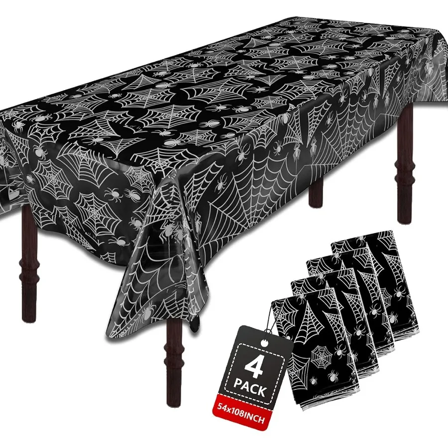 

Halloween Tablecloth Plastic 4PACKS 54 X 108 Black Spider Web Disposable Table Cover Rectangular Table Cloth Waterproof OilProo
