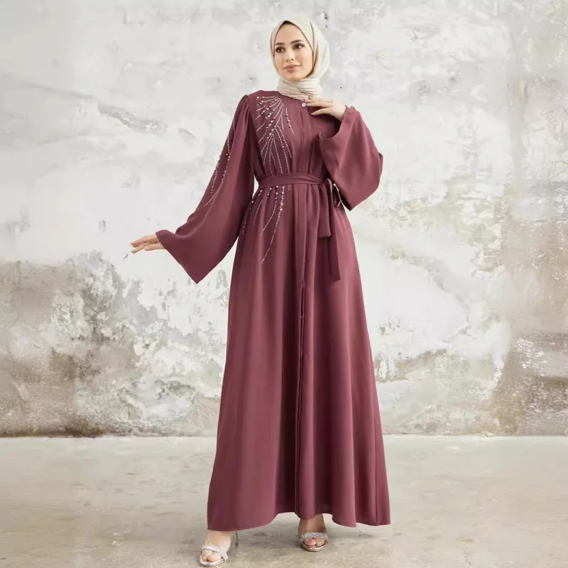 

Middle Eastern Abaya Women's Muslim Dress Turkish Dubai Heavy Beaded Rhinestone Long Dress