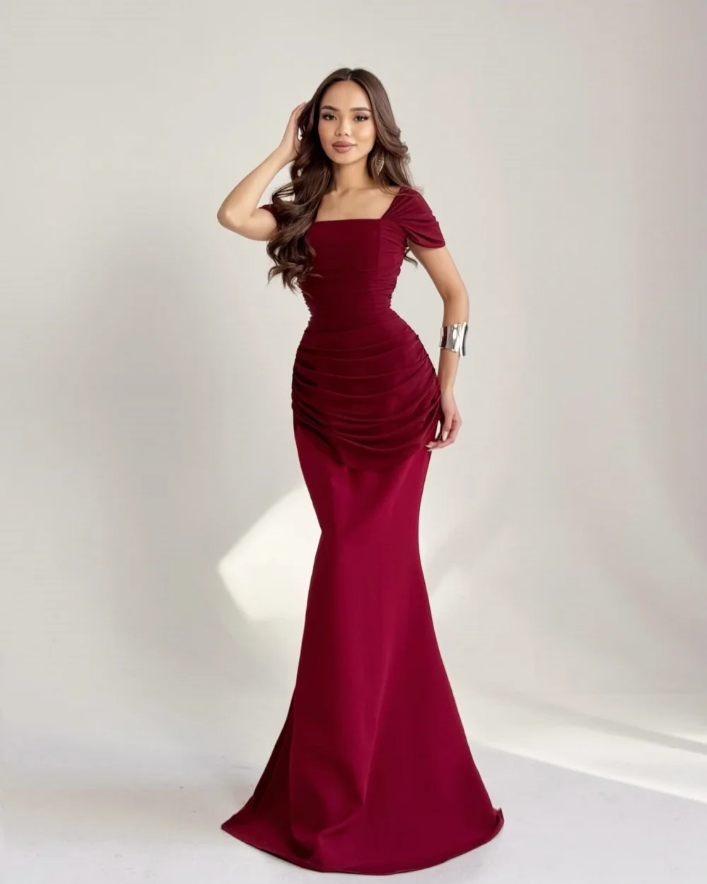 

Customized Classic Women Jersey Ruched Pleat Mermaid Prom Dresses Simple Square Neck Short Sleeves Floor Lenght Evening Dresses