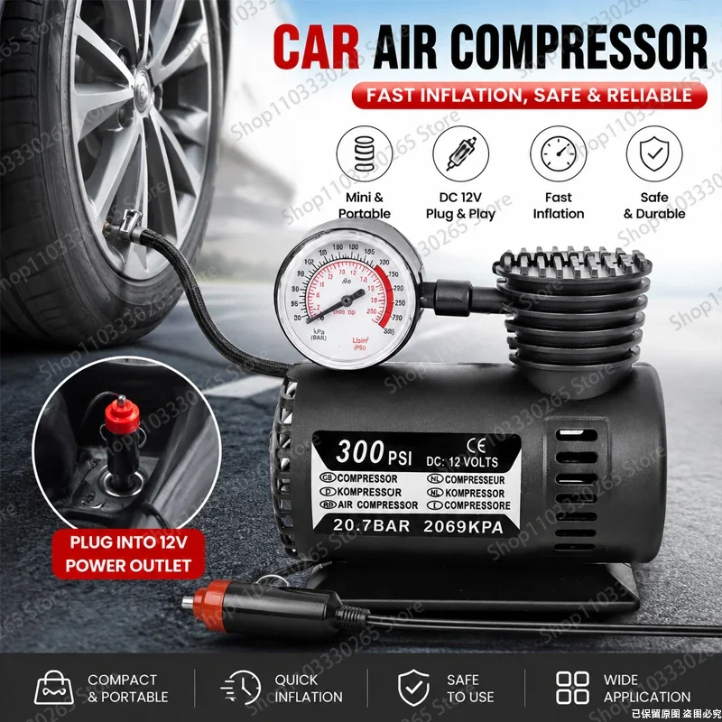 Portable 12V Car Air Compressor, 300 PSI Mini Tire Inflator Pump with Pressure Gauge for Auto, Bikes, and Sports Balls