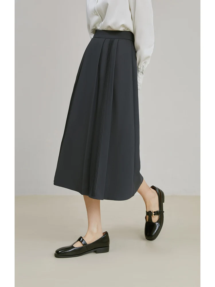 ZIQIAO Simple Gray High Waist A-line Skirt for Women Spring New Mid-length Skirt Solid Color All-match Pleated Skirt Female