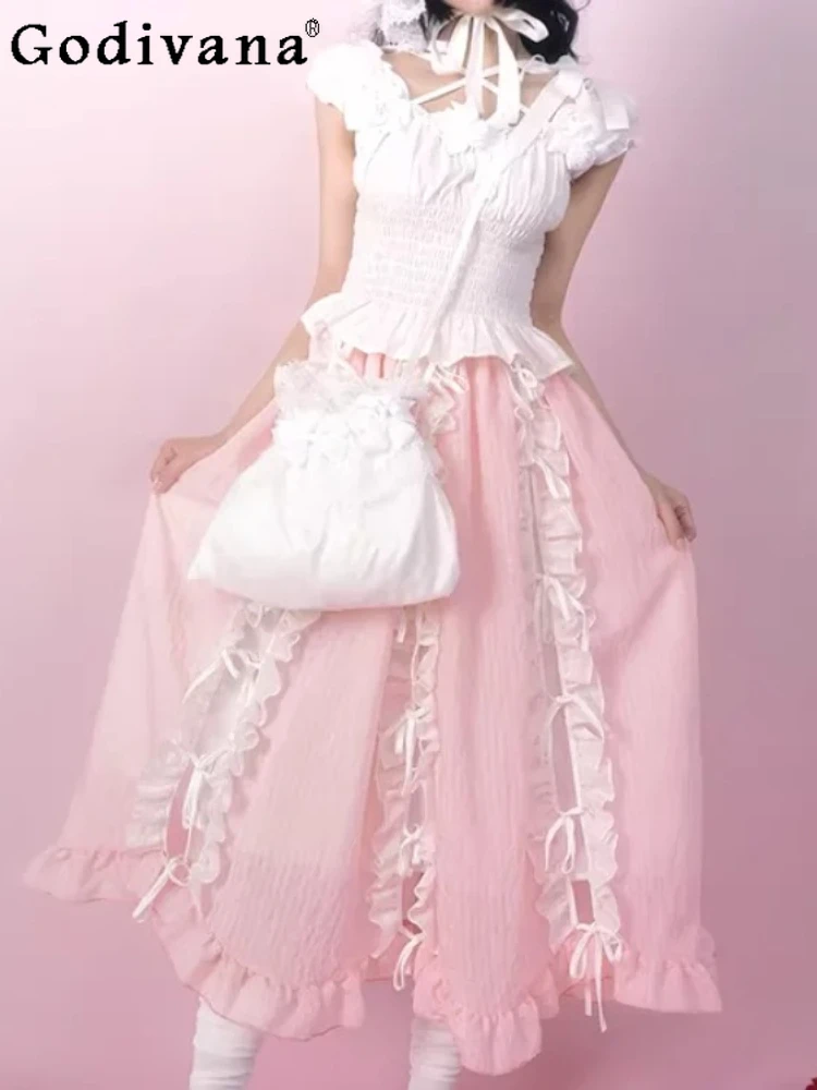 

Spring Summer New Sweet Lace-up Bow Elastic Waist Princess Skirts Fashion Versatile Age Reduction A-line Cute Girl Long Skirt
