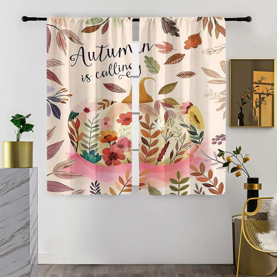 2PCS Digital Print Curtain, Autumn is Calling Floral Pumpkin, Watercolor Fall Botanical Art Style for Living Room Bedroom Decor