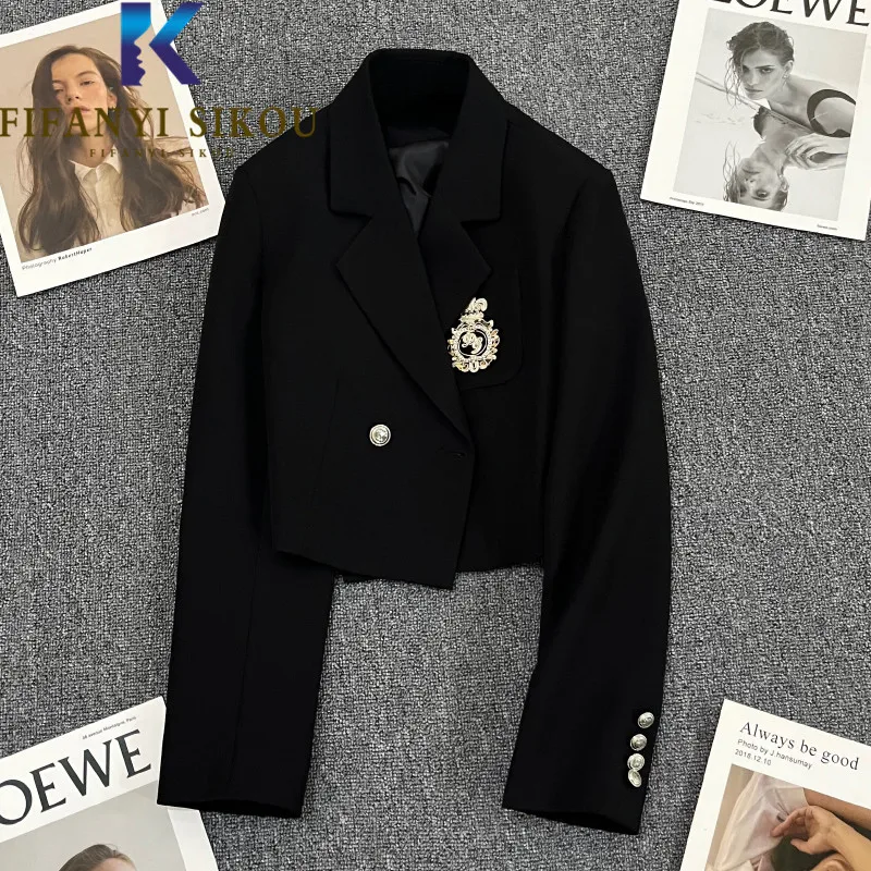 Black Short Blazer Jacket Women Double Breasted Fashion Embroidery Chic Suit Jacket Female Autumn Casual Blazers Coat