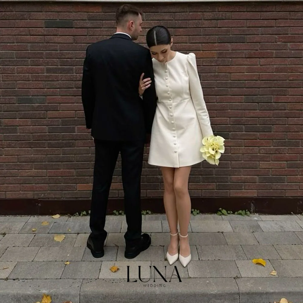 Luna Customized Short Wedding Dresses for Bride Buttons Long Sleeves Simple Civil Bridal Gown Romantic Prom Party Wedding Wear