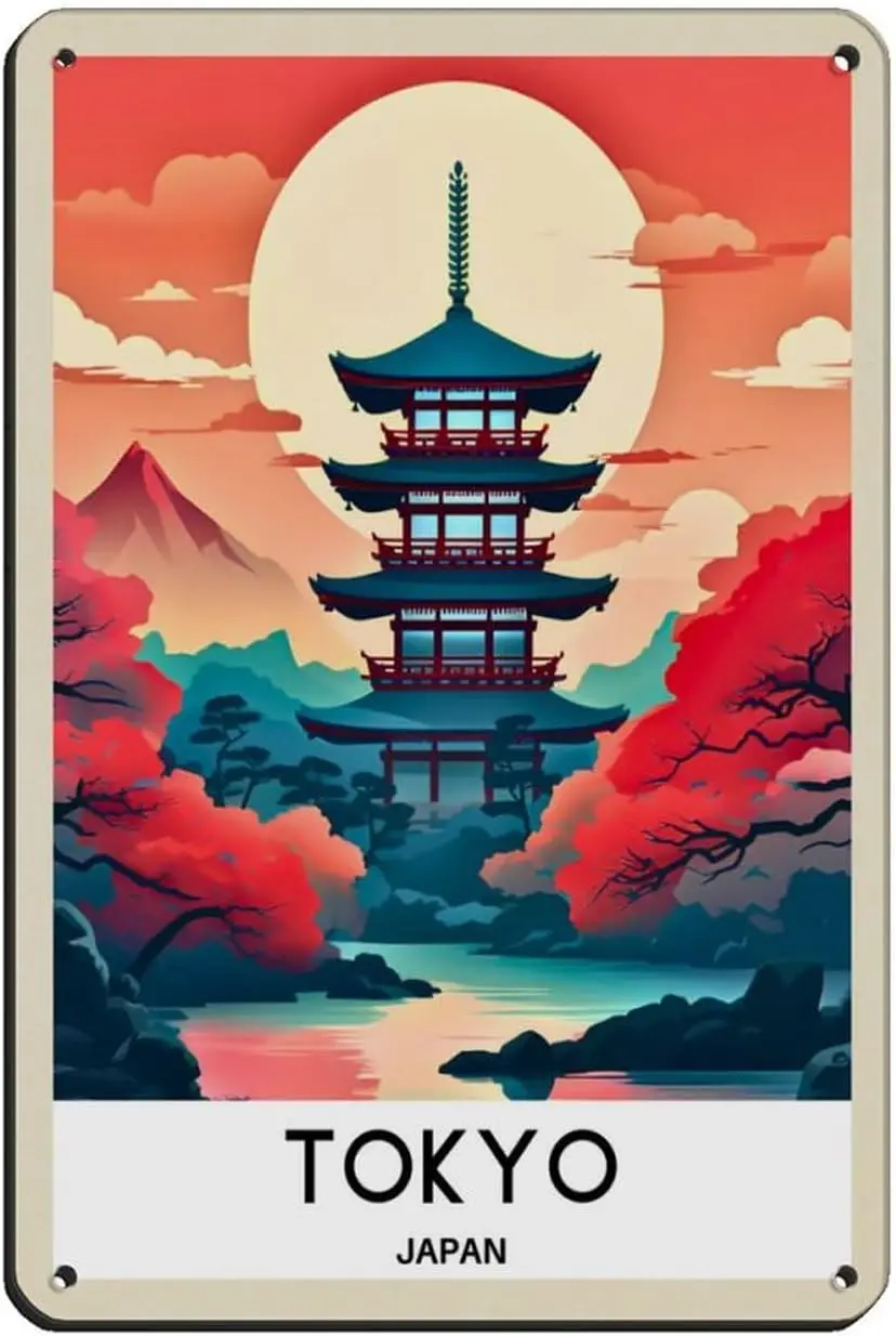 Póster de viaje vintage de Tokio, Japón, cartel retro de metal, letrero de hojalata, arte chic, pintura retro en hierro para bar, cueva de personas, cafetería, familia, garaje