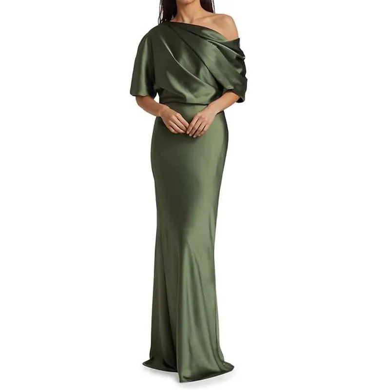 Elegant Sheath Satin Mother Of The Bride Dresses Sexy Party Off Shoulder Half Sleeve with Ruching Formal Evening Prom Gowns 2024