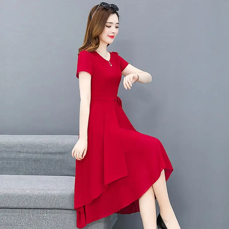 Red Dresses Women Chiffon Mid-length Dress Summer Short Sleeve Korean Chic Lace-up A-line Robe Green Blue New