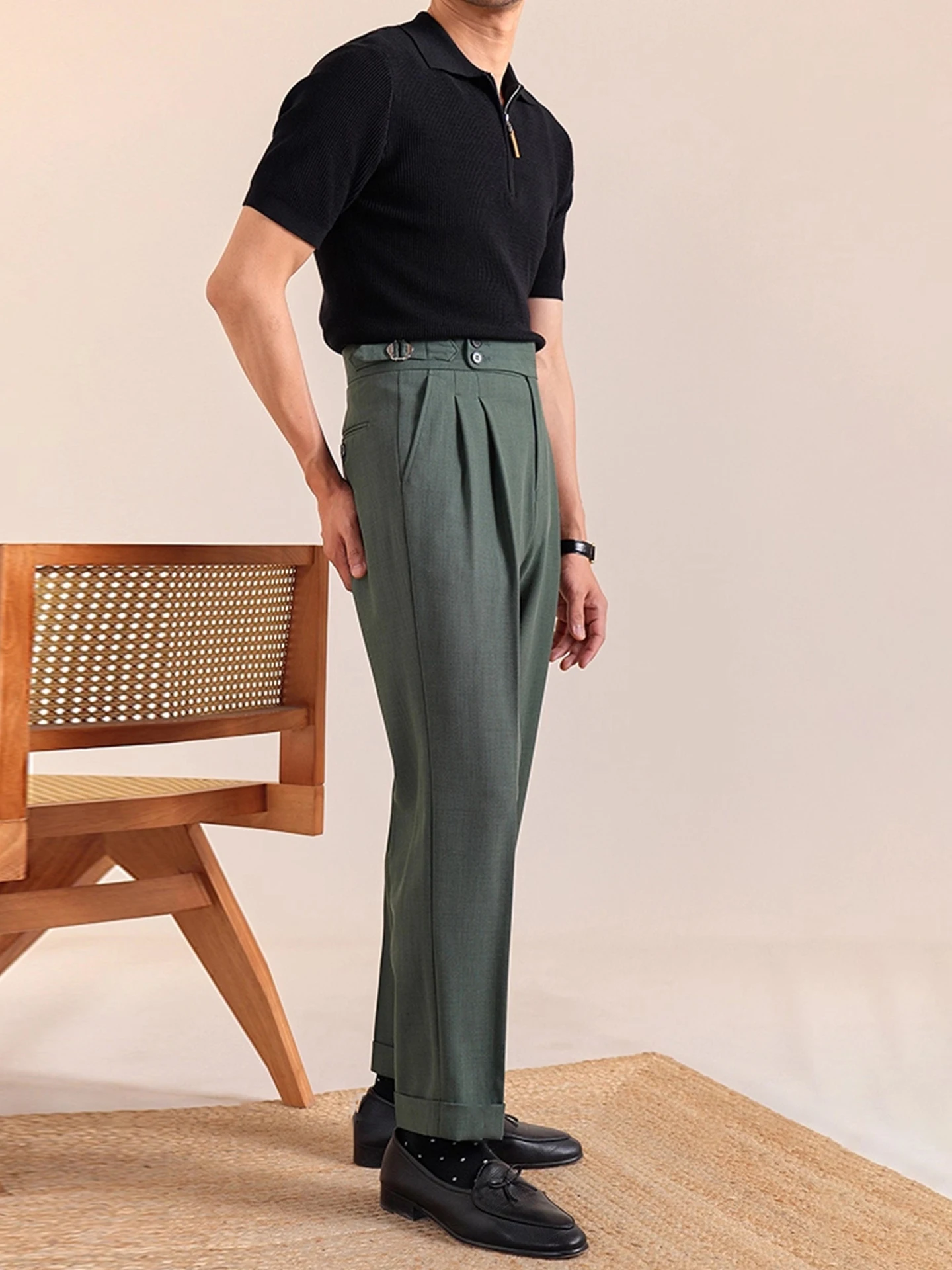 Italian British Style Men's Business Casual High Waist Pleated Paris Button Double Fold West Pants No Ironing Needed
