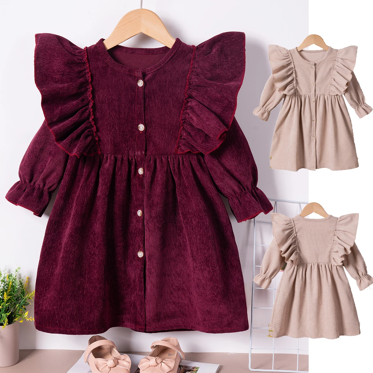 Autumn/winter Girls Fashion Dress Solid Color Children\'s Clothes Velvet Long-sleeved Princess Dress Fly Sleeve Sweet Comfortable