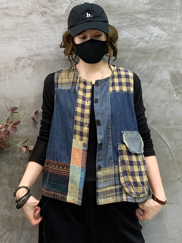 Max LuLu 2024 Summer Plaid Tanks Coats Women Luxury Vintage Loose Denim Vests Ladies Casual Fashion Patchwork Sleeveless Clothes