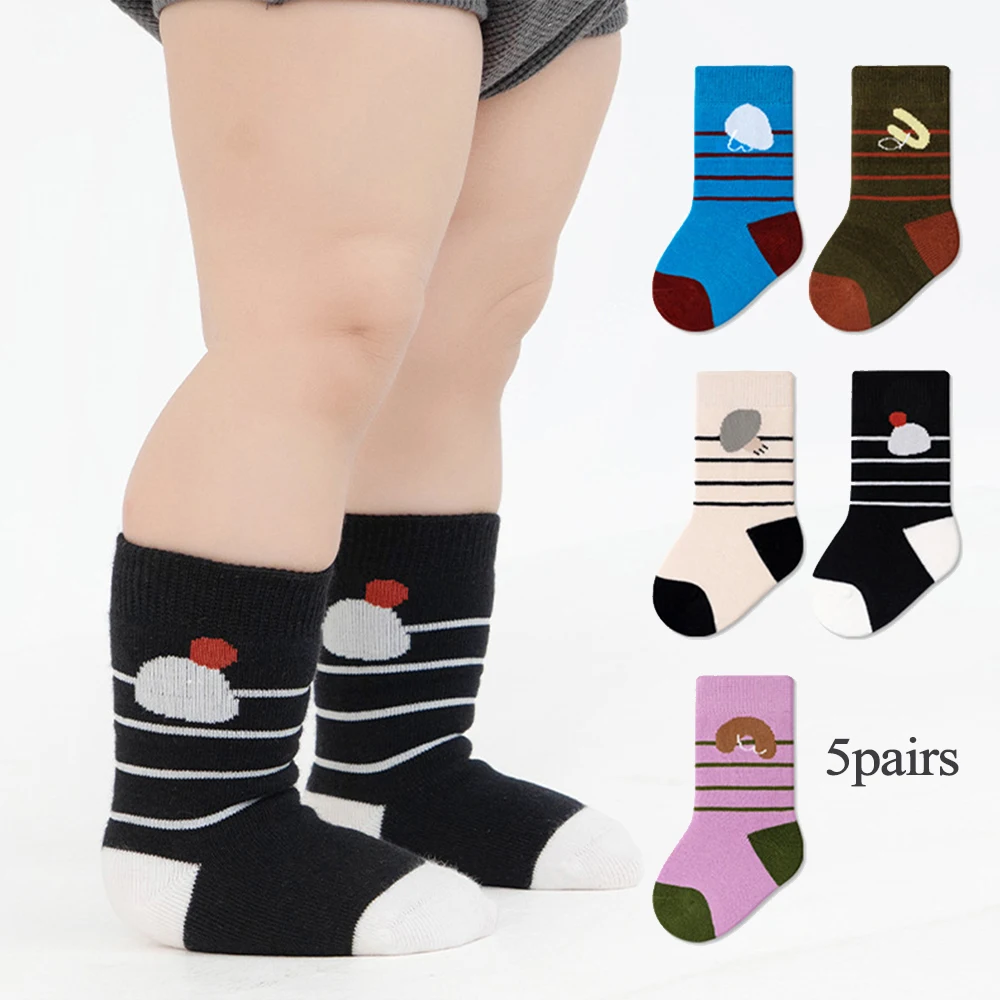 5Pairs Cartoon Striped Kids Mid-Calf Socks Sweat Absorption Breathable Toddler Cotton Sock Spring Autumn Baby Footwear 0-3Year