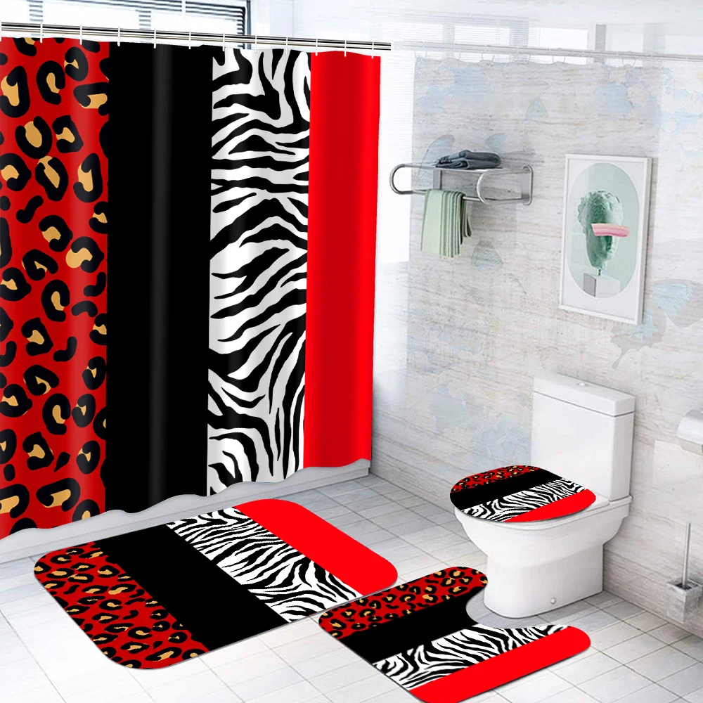 1 set of red and black leopard print zebra print shower curtains, modern style, with plastic hooks and bathroom floor mats