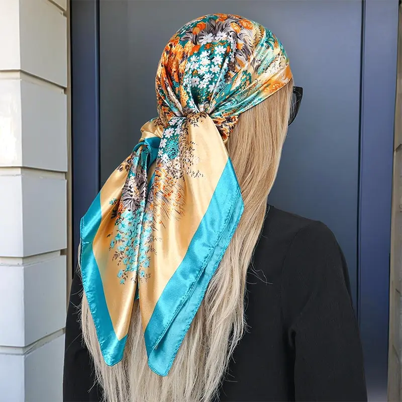 Square Silk Scarf Women Luxury Brand Satin Print Hijab Scarves Muslim Pareo Bandana Female Shawl Wrap Headband Foulard 90*90cm image 6