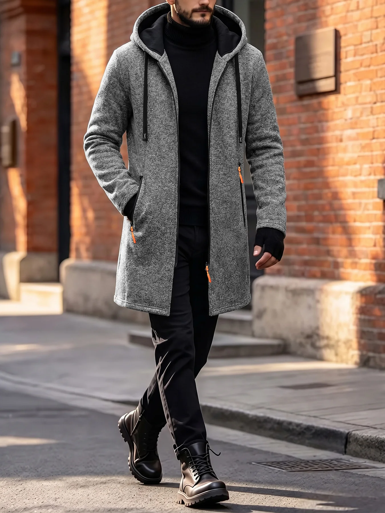 Men Long Hooded Zip Up Jacket Adjustable Drawstring Hood Zipper Pockets Long Sleeve Casual Outerwear For Autumn Winter