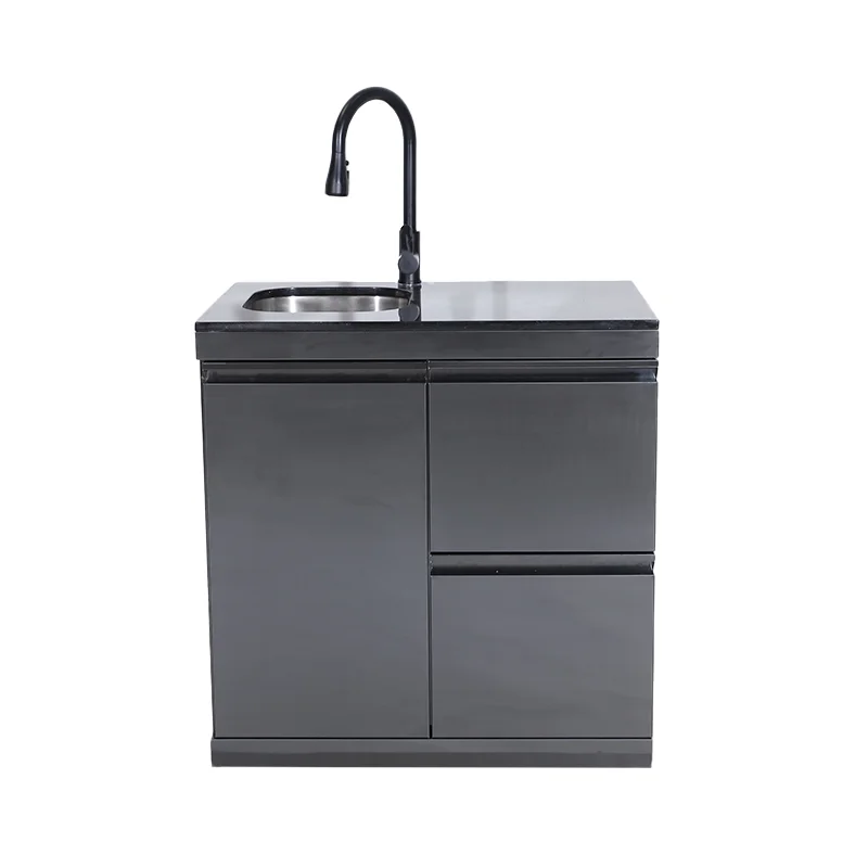 Outdoor Kitchen Storage Double Drawers Cabinet Stainless Steel 304 with Pull-Out Faucet Sink Black Titanium