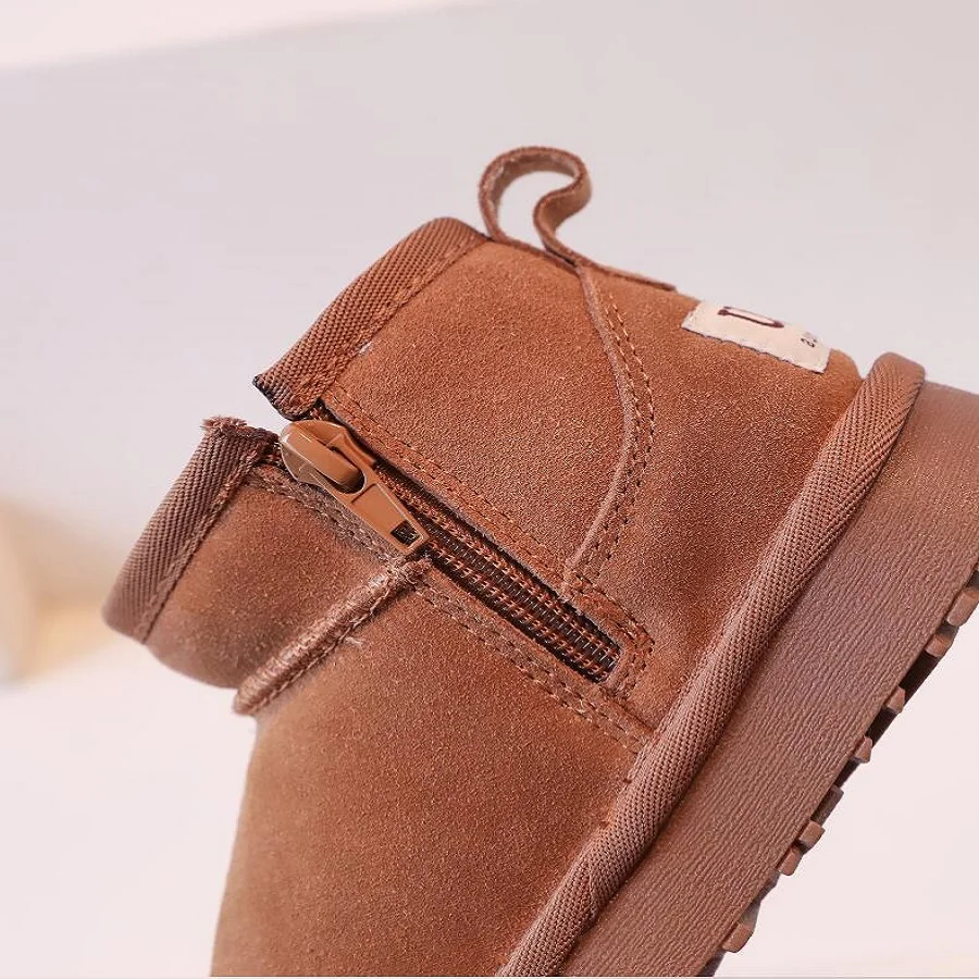 Bottes de neige en cuir véritable pour enfants, optique en peluche, courtes, chaudes, décontractées, coton, bébés, filles, garçons, mode d'hiver, nouveau, 22-3