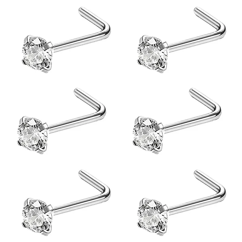 6 stylish stainless steel zircon nasal septum pierced studs 20G mini nose ring earring pierced studs lady body pierced accessori