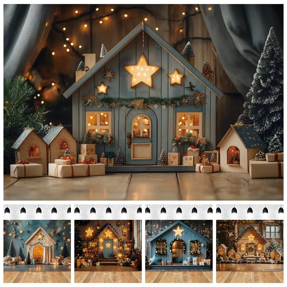 

Christmas Retro Wood House Backdrop Star Gifts Interior Room Baby Kids Xmas Party Portrait Photography Background Photostudio