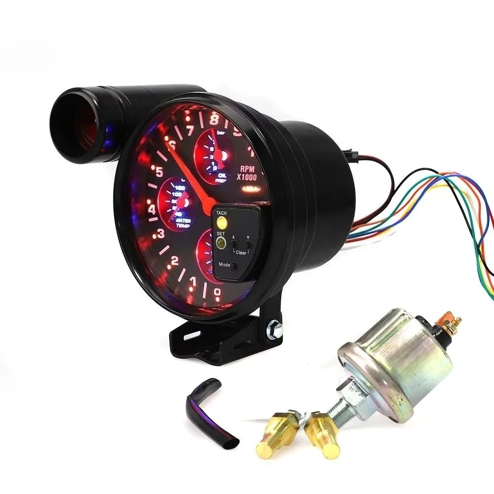 NEW 5'' 4in1 Auto Tachometer Oil Pressure Water Temp Oil Temp Gauge with Shift Light
