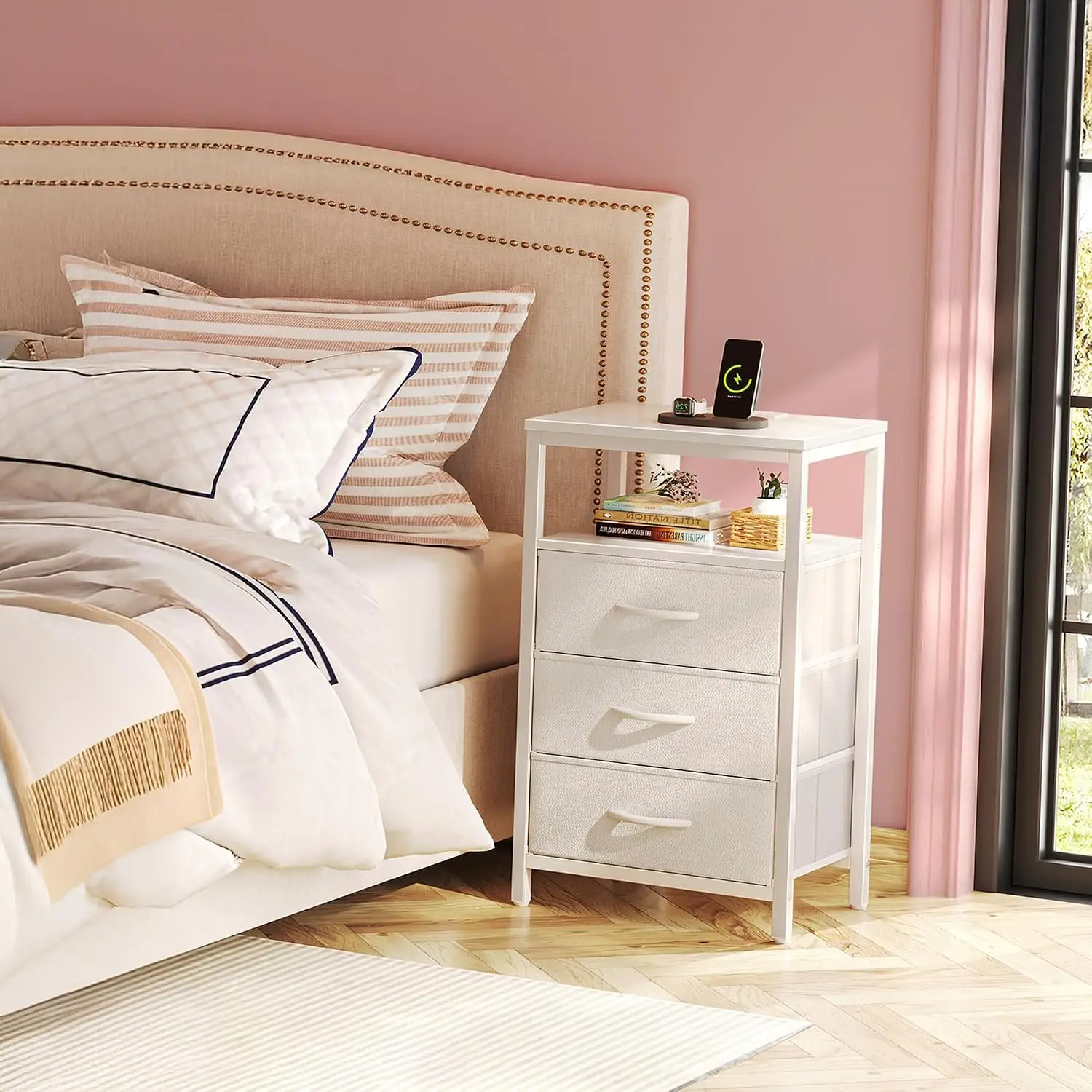 27.6 Inch Nightstand Featuring a Charging Station, Bedside Table and Side Table