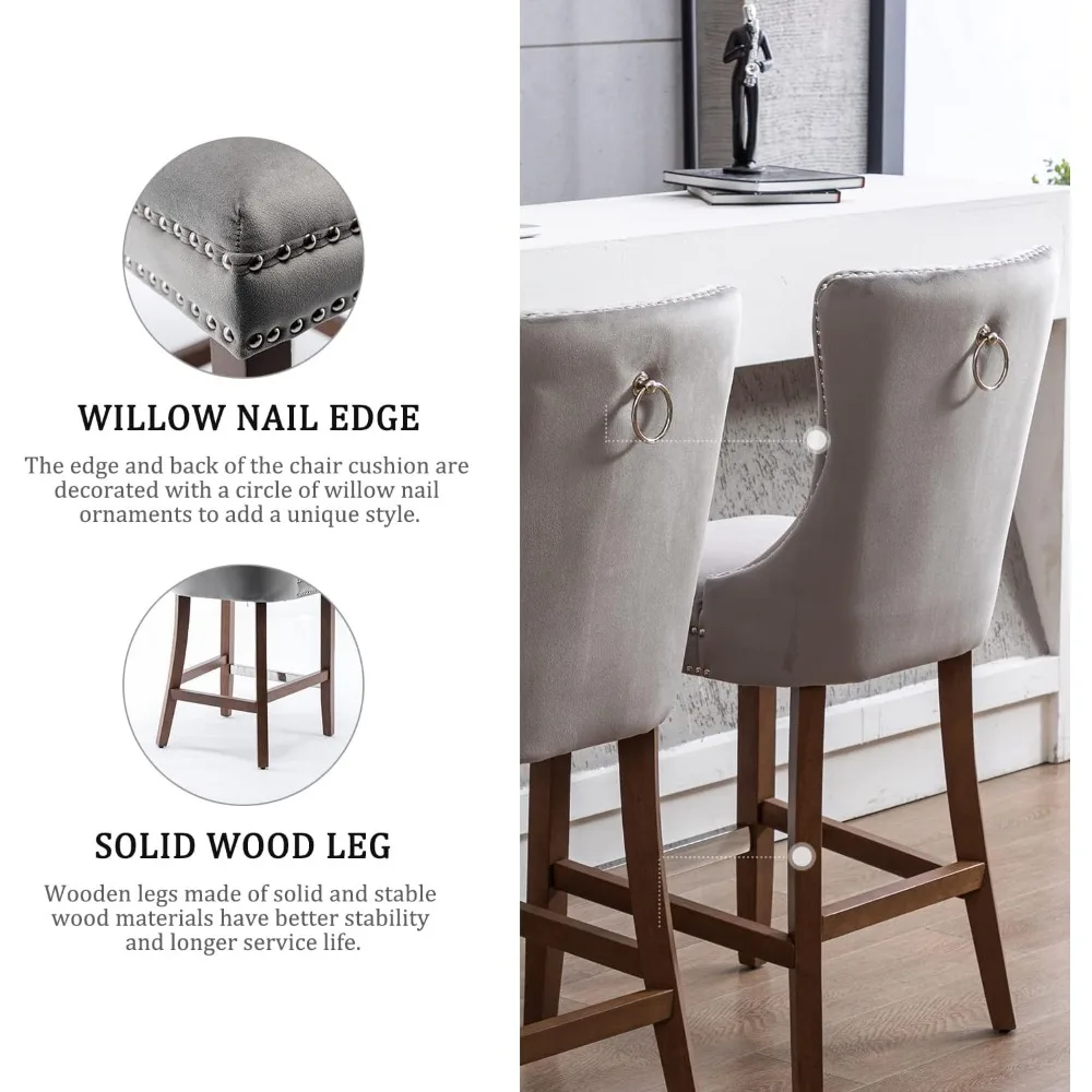 Counter Height Bar Stools Set of 2, 27" Wingback Velvet Bar Stools with Button Back and Nailhead Trim, Upholstered Bar Chairs