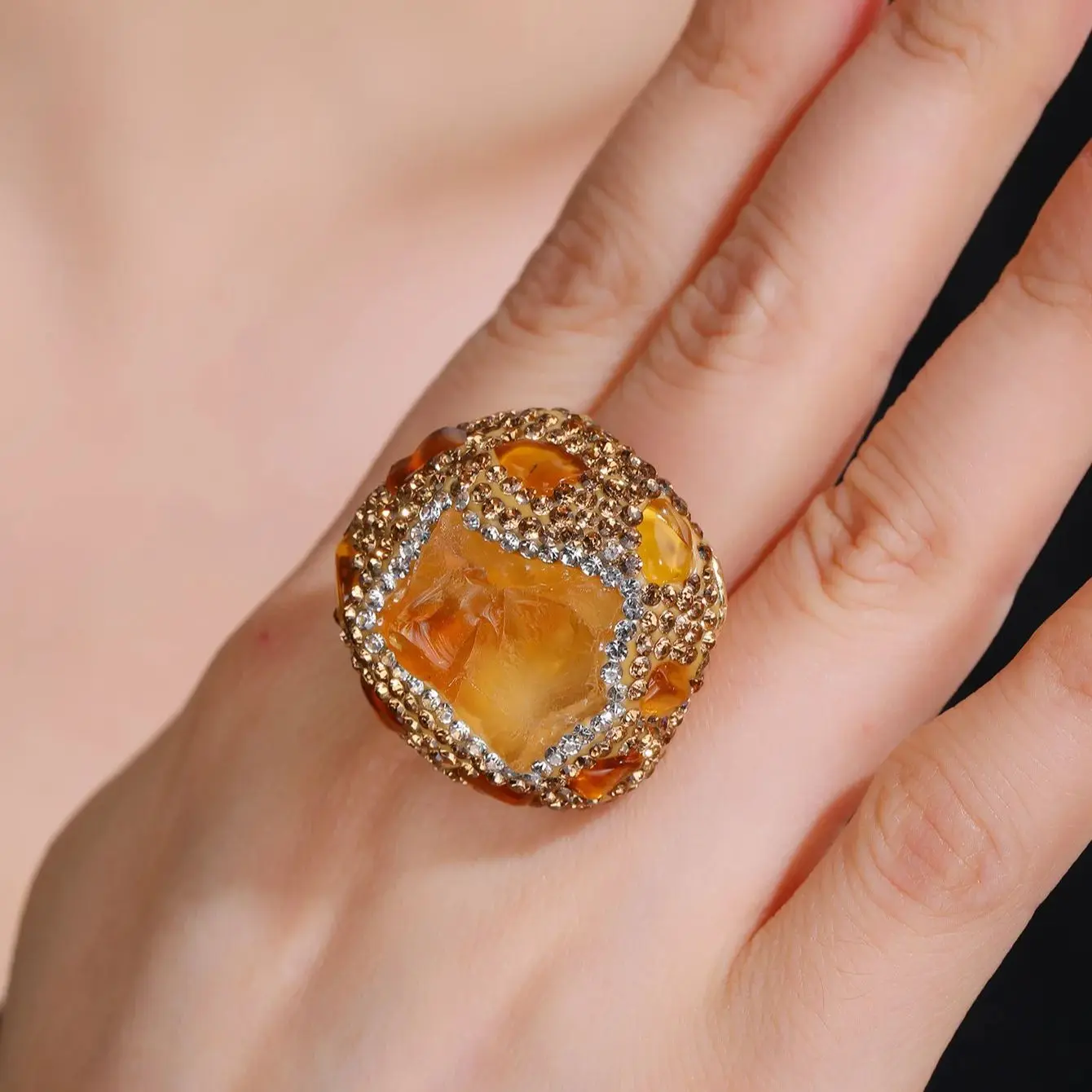 YEEVAA Vintage Punk Style Citrine Ring Healing Crystal Stone Adjustable Open Wide Gemstone Jewelry Gift