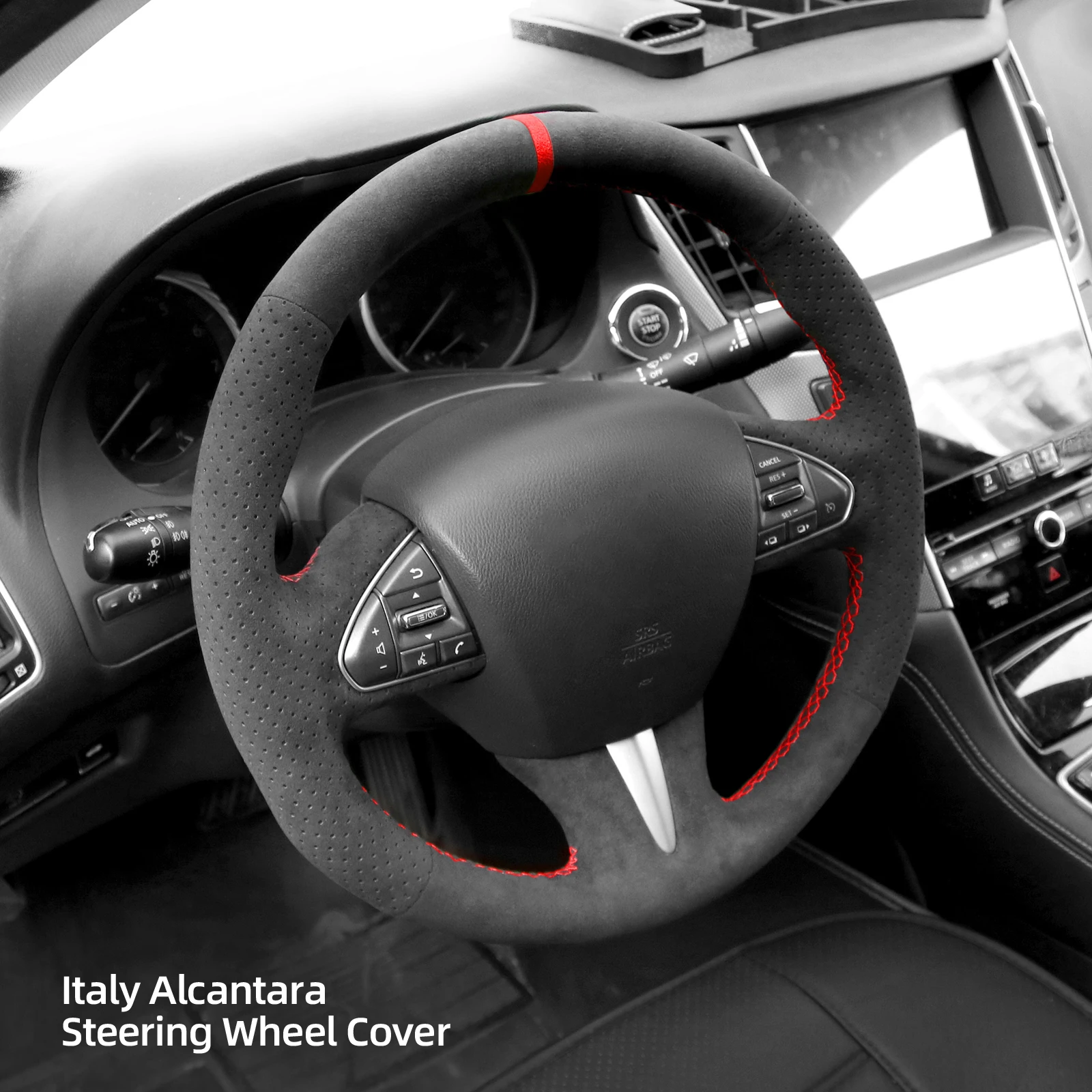 Alfanxi Hand Stitch Alcantara Steering Wheel Cover Compatible with Infiniti Q50 2014-2017 QX50 2015-2017