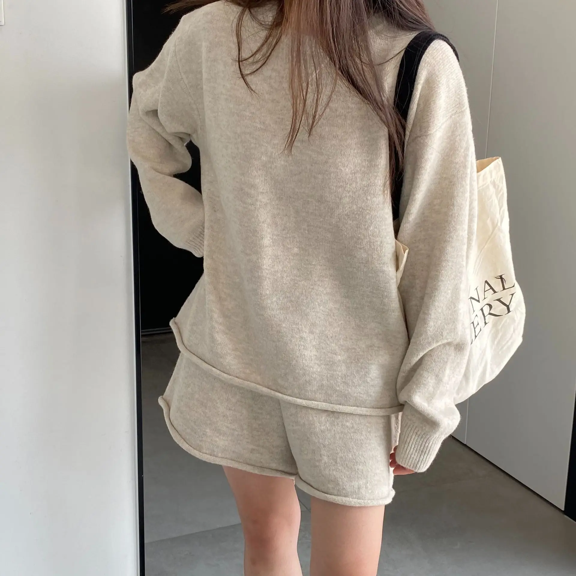 Solid Color Simple Shorts + Pullover Sweater Women Suit Loose Knitting Top And Drawstring Shorts Set Fall Winter Female Outfits