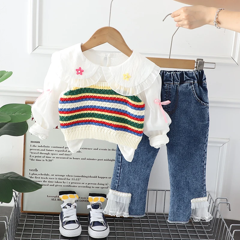 

2023 Autumn Children Clothing Sets for Baby Girls Knitted Vest Floral T Shirt Lace Jeans Infant Clothes Outfits Kids Tracksuit