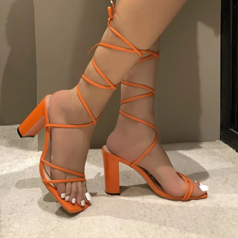 Shoes for Women Summer Cross Bandage High Heels Sandals Women Fashion Lace Up Peep Toe Shoes Female Square Heel Sandals 35-43