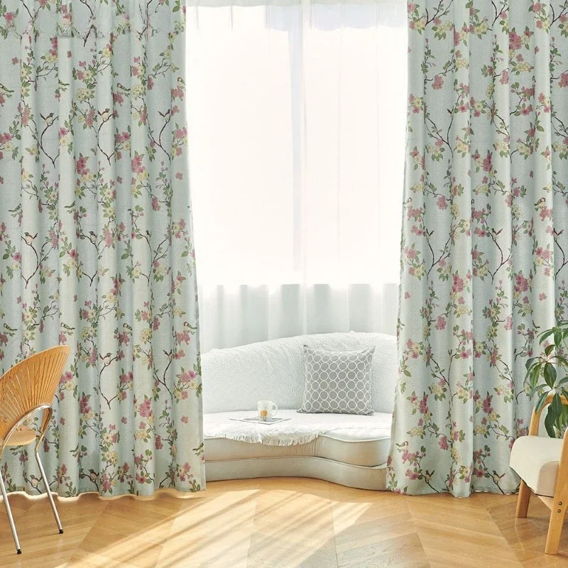 New Chinese Style Flower Jacquard Curtains for Bedroom Living Room Small Floral Print Cotton and Linen Semi Shadings Curtains