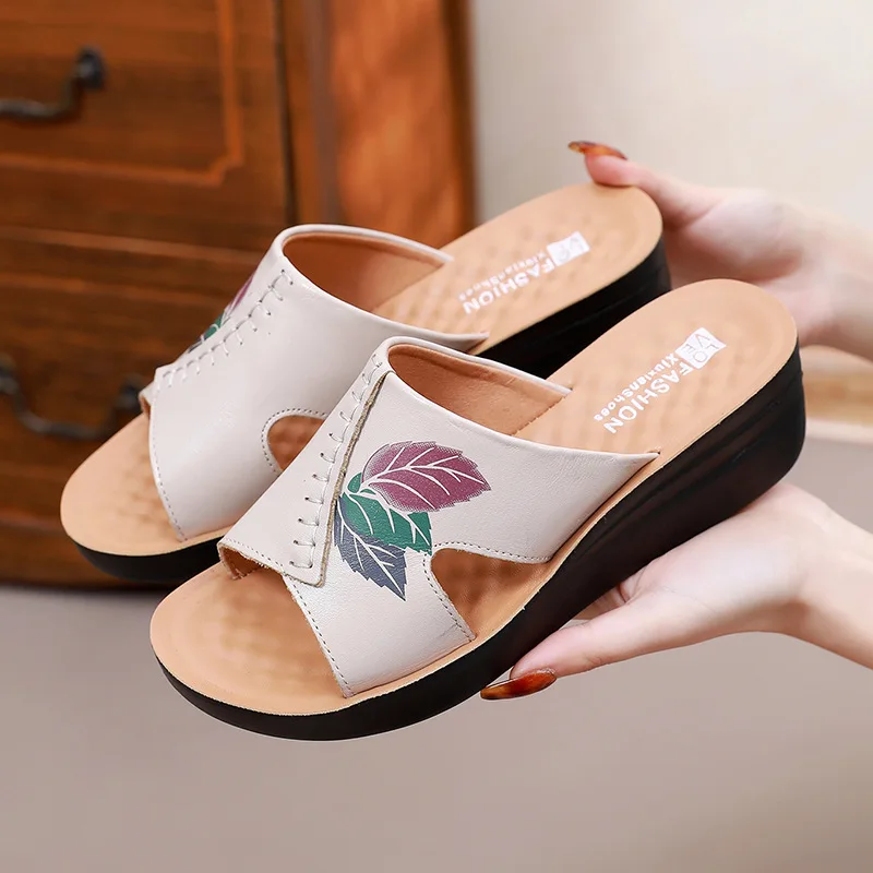 Women Sandals Summer Fashion Leathe Open Toe Round Toe Wedges Sandals Shoes Women Beach Casual Slipper Low Heels Walking Sandals