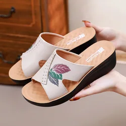 Women Sandals Summer Fashion Leathe Open Toe Round Toe Wedges Sandals Shoes Women Beach Casual Slipper Low Heels Walking Sandals