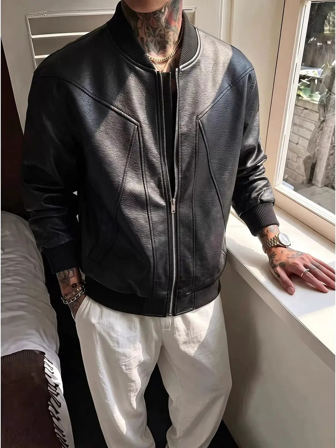 Men's PU Leather Jacket Short Biker Style Three-Proof Stand Collar Baseball Coat Autumn Fashionable Casual Wear Long Sleeve